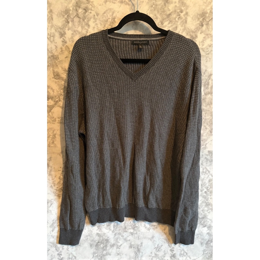 Banana Republic Men's‎ Gray V-Neck Textured Knit Sweater XL Cotton Wool Blend